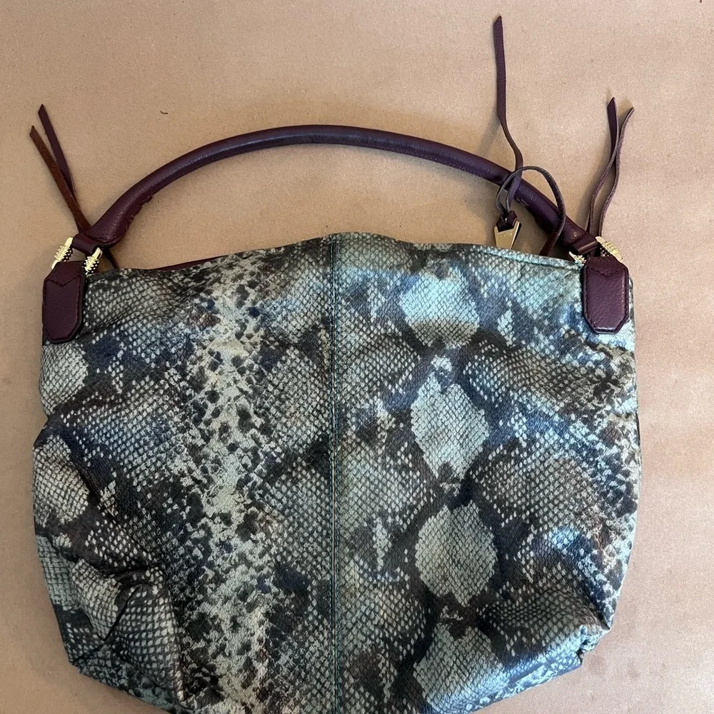 Aimee Kestenberg Leather Hobo Bag Aqua/Teal Snake Print Brown leather Handle